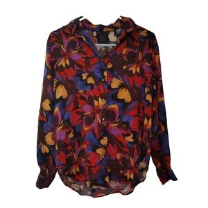Johnny Was Jade Eclipse Blooms Floral 100% Silk SzS Button Up Long Sleeve Blouse